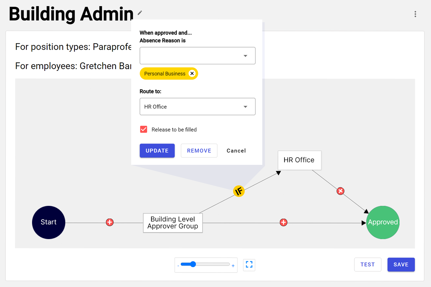 Red Rover’s built-in drag-and-drop workflow configurator makes setting up approval routing a snap. If/then logic branching allows any number of employee-specific approval sequences.